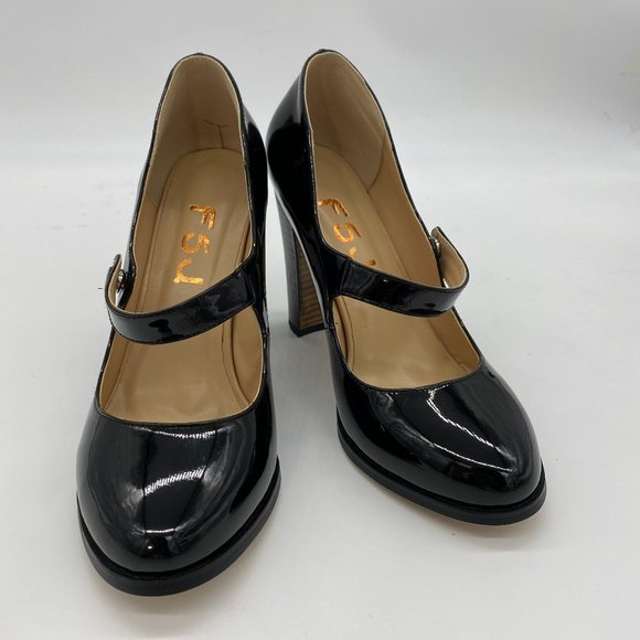 FSJ Black Patent Leather Mary Jane Chunky Heels - Picture 1 of 8